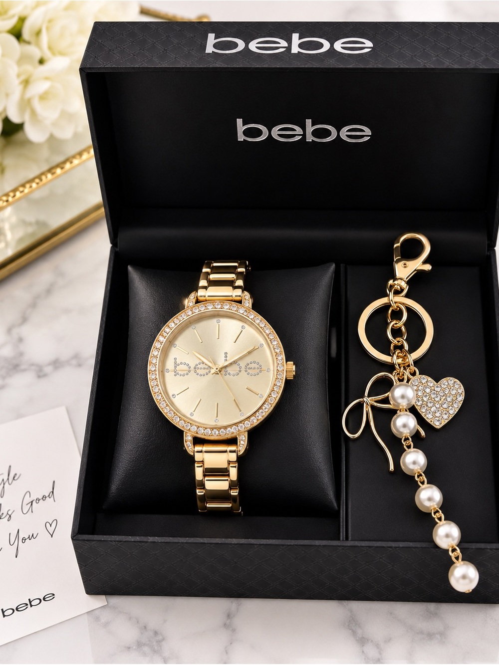 bebe Gold Tone Crystal Logo Bracelet Watch with Pearl Heart Charm Keychain
